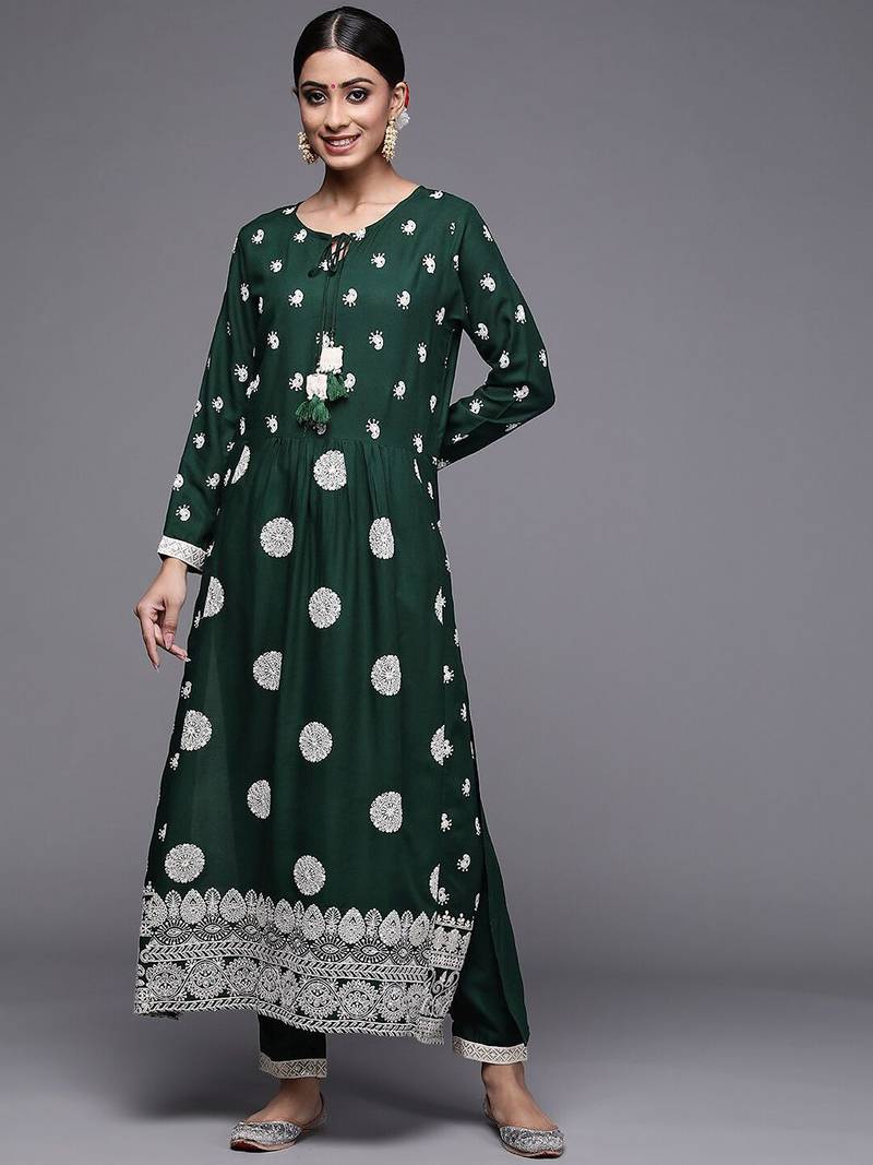 Women Green Ethnic Motifs Embroidered Kurta with Trousers