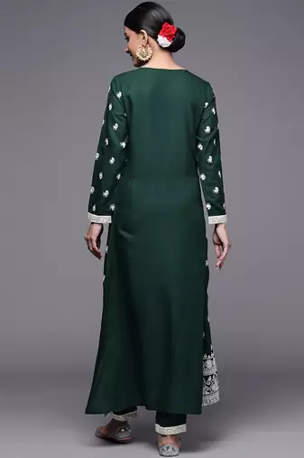 Women Green Ethnic Motifs Embroidered Kurta with Trousers