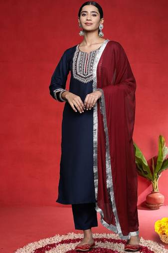 Women Ethnic Motifs Embroidered Regular Kurta with Trousers & Dupatta