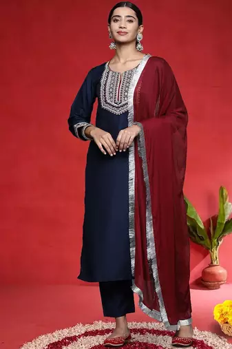 Women Ethnic Motifs Embroidered Regular Kurta with Trousers & Dupatta