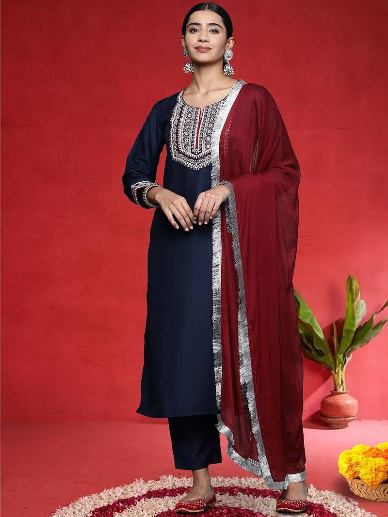 Women Ethnic Motifs Embroidered Regular Kurta with Trousers & Dupatta
