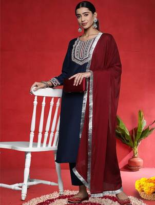 Women Ethnic Motifs Embroidered Regular Kurta with Trousers & Dupatta 6