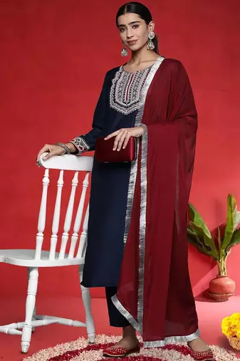Women Ethnic Motifs Embroidered Regular Kurta with Trousers & Dupatta