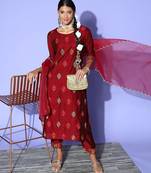 Women Maroon Floral Embroidered Sequinned Liva Kurta with Trousers & With Dupatta