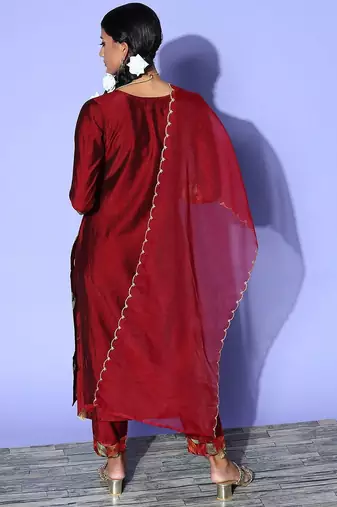 Women Maroon Floral Embroidered Sequinned Liva Kurta with Trousers & With Dupatta