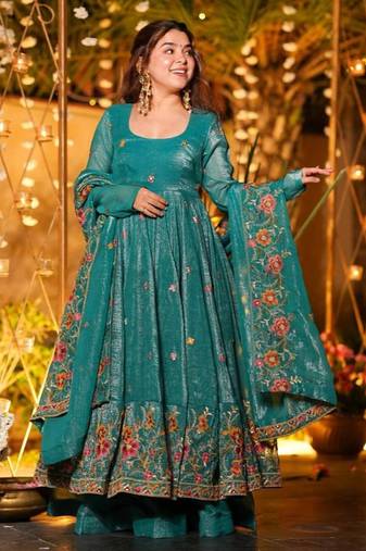 Rama green embroidered crunchy silk salwar suit set with dupatta