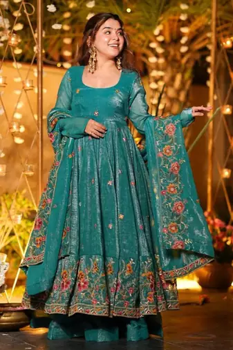 Rama green embroidered crunchy silk salwar suit set with dupatta