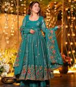 Rama green embroidered crunchy silk salwar suit set with dupatta