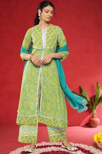 Women Floral Printed Regular Pure Cotton Kurta With Palazzos & Dupatta