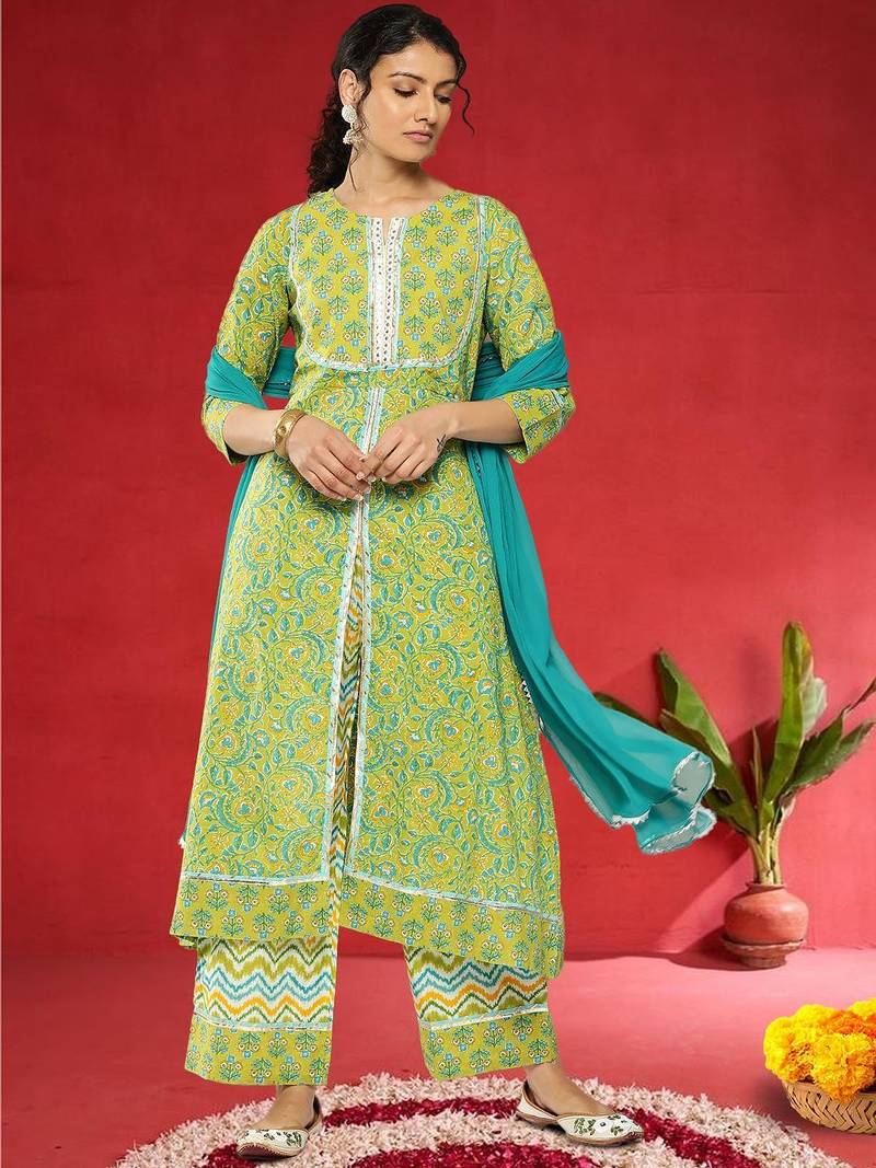 Women Floral Printed Regular Pure Cotton Kurta With Palazzos & Dupatta