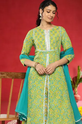 Women Floral Printed Regular Pure Cotton Kurta With Palazzos & Dupatta