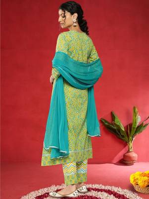 Women Floral Printed Regular Pure Cotton Kurta With Palazzos & Dupatta 5