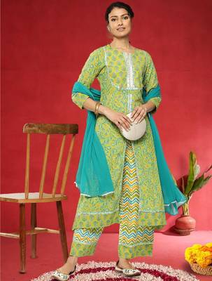 Women Floral Printed Regular Pure Cotton Kurta With Palazzos & Dupatta 6