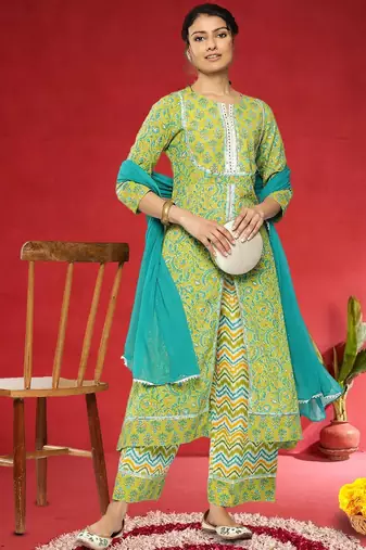 Women Floral Printed Regular Pure Cotton Kurta With Palazzos & Dupatta