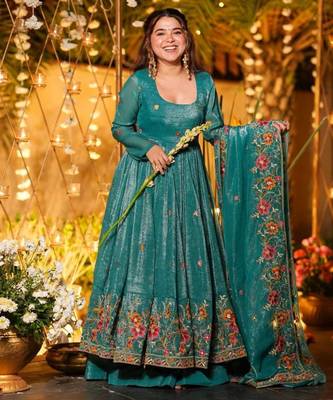 Rama green embroidered crunchy silk salwar suit set with dupatta 2