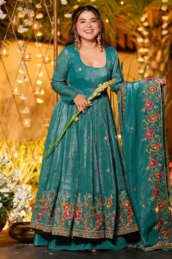 Rama green embroidered crunchy silk salwar suit set with dupatta