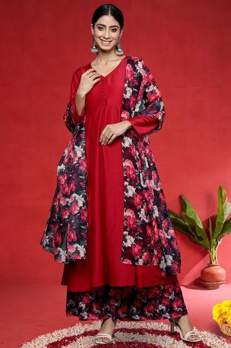 Floral Printed V-Neck Kurta With Trousers & Dupatta