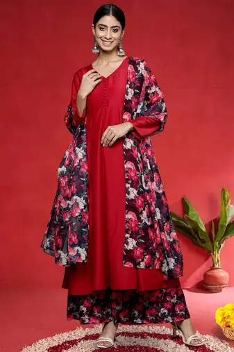Floral Printed V-Neck Kurta With Trousers & Dupatta