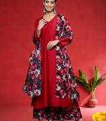 Floral Printed V-Neck Kurta With Trousers & Dupatta