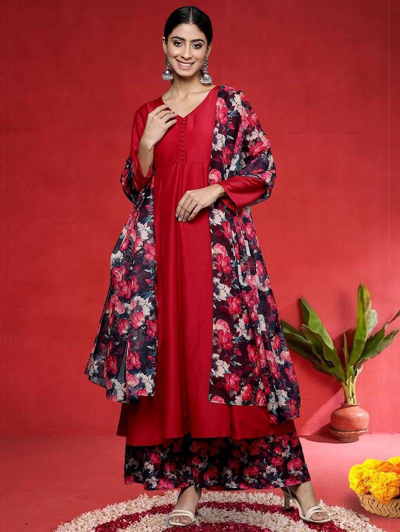 Floral Printed V-Neck Kurta With Trousers & Dupatta