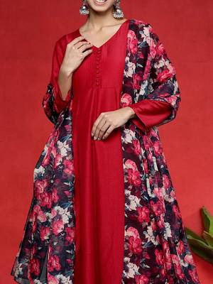 Floral Printed V-Neck Kurta With Trousers & Dupatta 2
