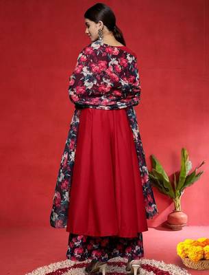 Floral Printed V-Neck Kurta With Trousers & Dupatta 4