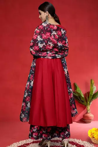 Floral Printed V-Neck Kurta With Trousers & Dupatta