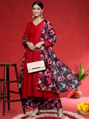 Floral Printed V-Neck Kurta With Trousers & Dupatta 5