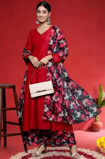 Floral Printed V-Neck Kurta With Trousers & Dupatta