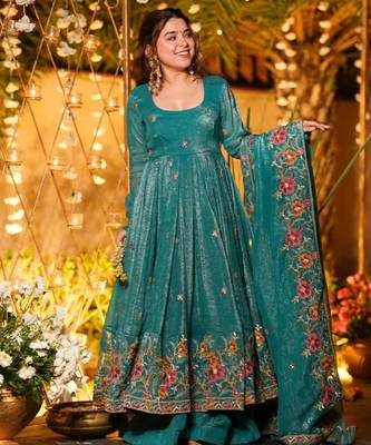 Rama green embroidered crunchy silk salwar suit set with dupatta 3