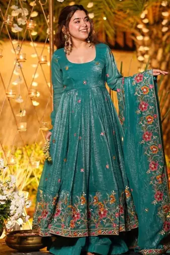 Rama green embroidered crunchy silk salwar suit set with dupatta