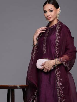 Women Purple Floral Yoke Design Sequinned Kurta with Trousers & With Dupatta 2
