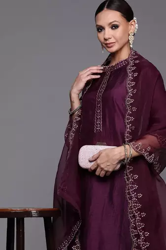 Women Purple Floral Yoke Design Sequinned Kurta with Trousers & With Dupatta