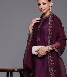 Women Purple Floral Yoke Design Sequinned Kurta with Trousers & With Dupatta