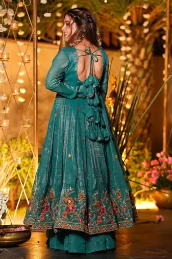 Rama green embroidered crunchy silk salwar suit set with dupatta