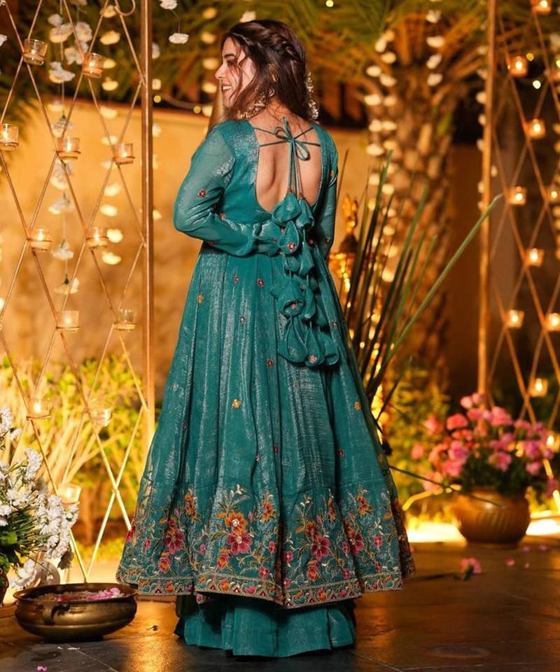 Rama green embroidered crunchy silk salwar suit set with dupatta