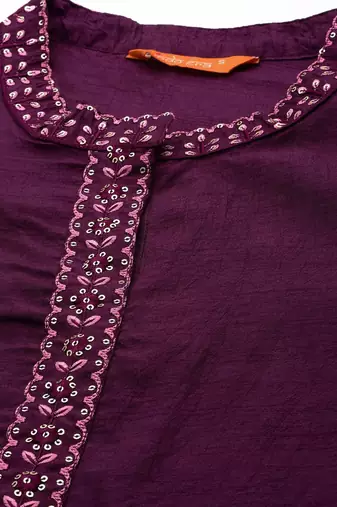 Women Purple Floral Yoke Design Sequinned Kurta with Trousers & With Dupatta