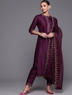 Women Purple Floral Yoke Design Sequinned Kurta with Trousers & With Dupatta 1