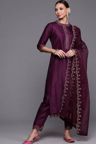 Women Purple Floral Yoke Design Sequinned Kurta with Trousers & With Dupatta