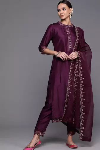 Women Purple Floral Yoke Design Sequinned Kurta with Trousers & With Dupatta