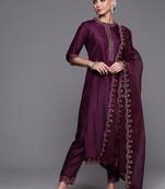 Women Purple Floral Yoke Design Sequinned Kurta with Trousers & With Dupatta