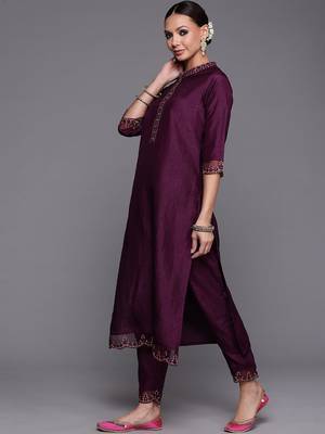 Women Purple Floral Yoke Design Sequinned Kurta with Trousers & With Dupatta 6