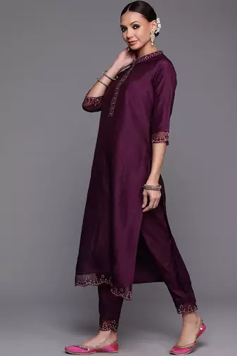 Women Purple Floral Yoke Design Sequinned Kurta with Trousers & With Dupatta