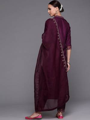 Women Purple Floral Yoke Design Sequinned Kurta with Trousers & With Dupatta 7
