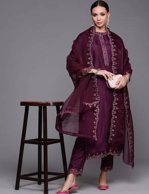 Women Purple Floral Yoke Design Sequinned Kurta with Trousers & With Dupatta 8