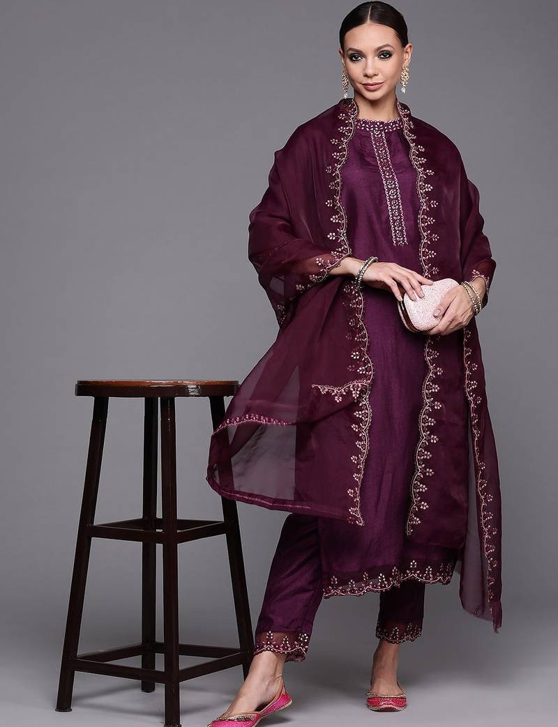 Women Purple Floral Yoke Design Sequinned Kurta with Trousers & With Dupatta