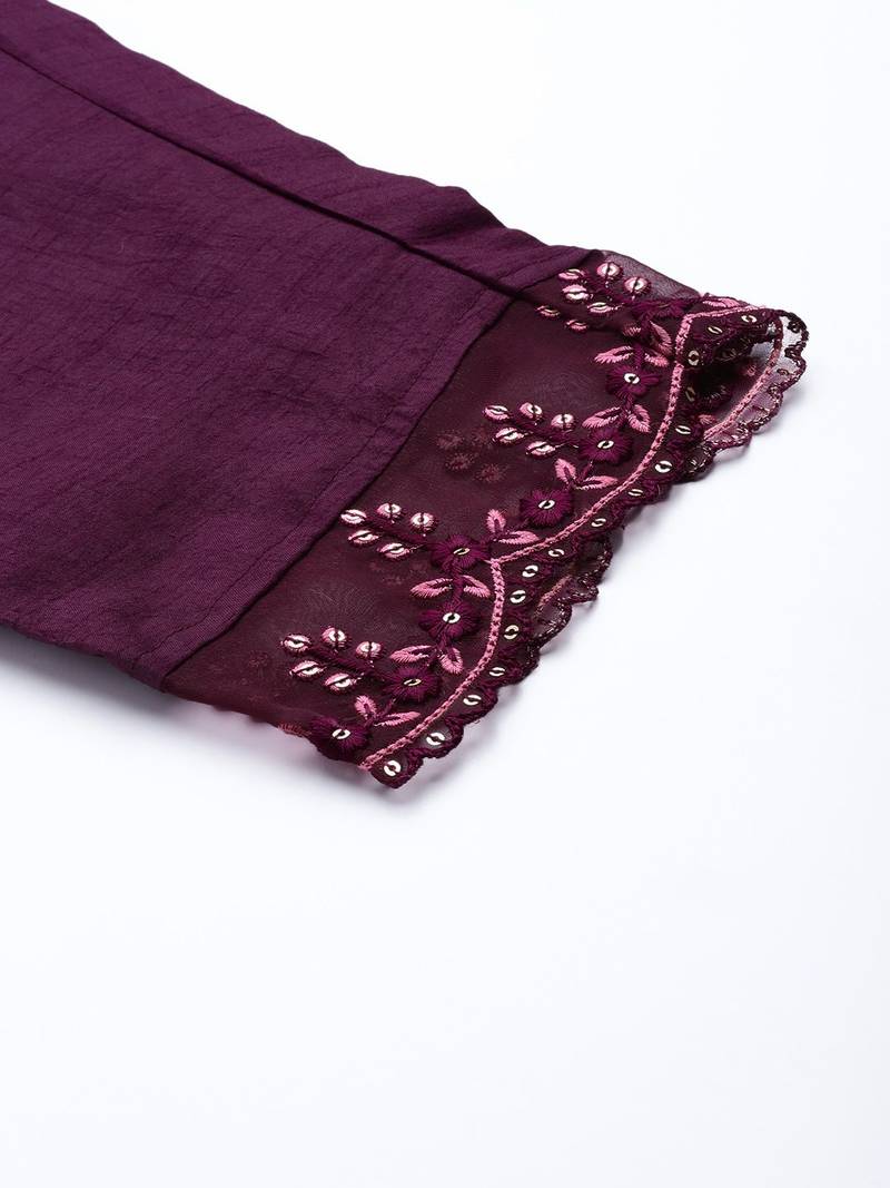 Women Purple Floral Yoke Design Sequinned Kurta with Trousers & With Dupatta