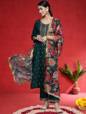 Women Embroidered Regular Sequinned Kurta with Trousers & Dupatta 1