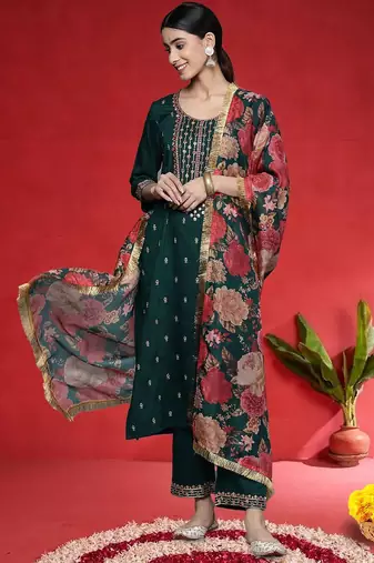 Women Embroidered Regular Sequinned Kurta with Trousers & Dupatta