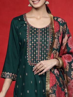 Women Embroidered Regular Sequinned Kurta with Trousers & Dupatta 2
